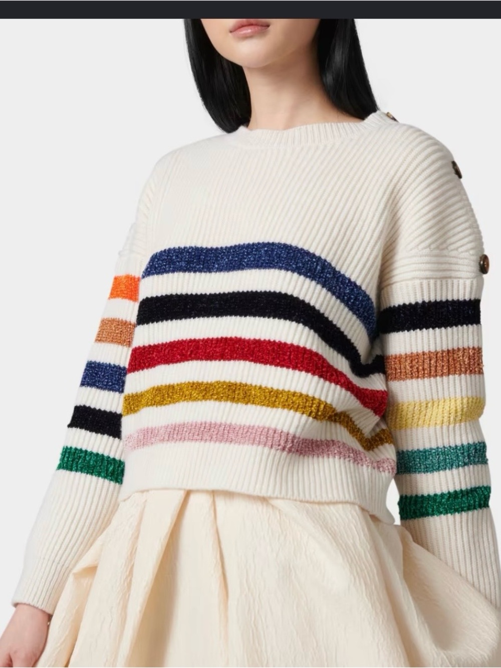 Rosie Assoulin Ivory Crewneck Sweater with Multicolor Metallic Stripes